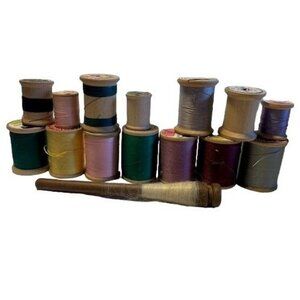 Vintage Thread Spool & Wood Spindle Set Multi-Color Sewing Decoration